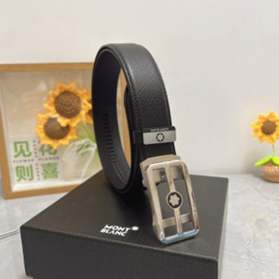1:1  Montblanc Black Leather Belt with Silver  Logo Buckle "田“Shape Buckle 3.5cm
